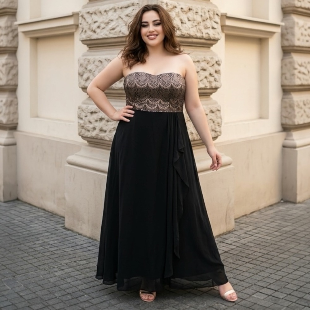 City Chic Black Lace Strapless Maxi Gown Plus Size XL 22 Formal Evening Dress